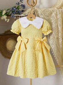 SHEIN Vestido de niña con estilo de princesa elegante, con bloque de color, cuello Peter Pan, mangas abullonadas y lazo, adecuado para salidas y reuniones - Dorado - Ver 9