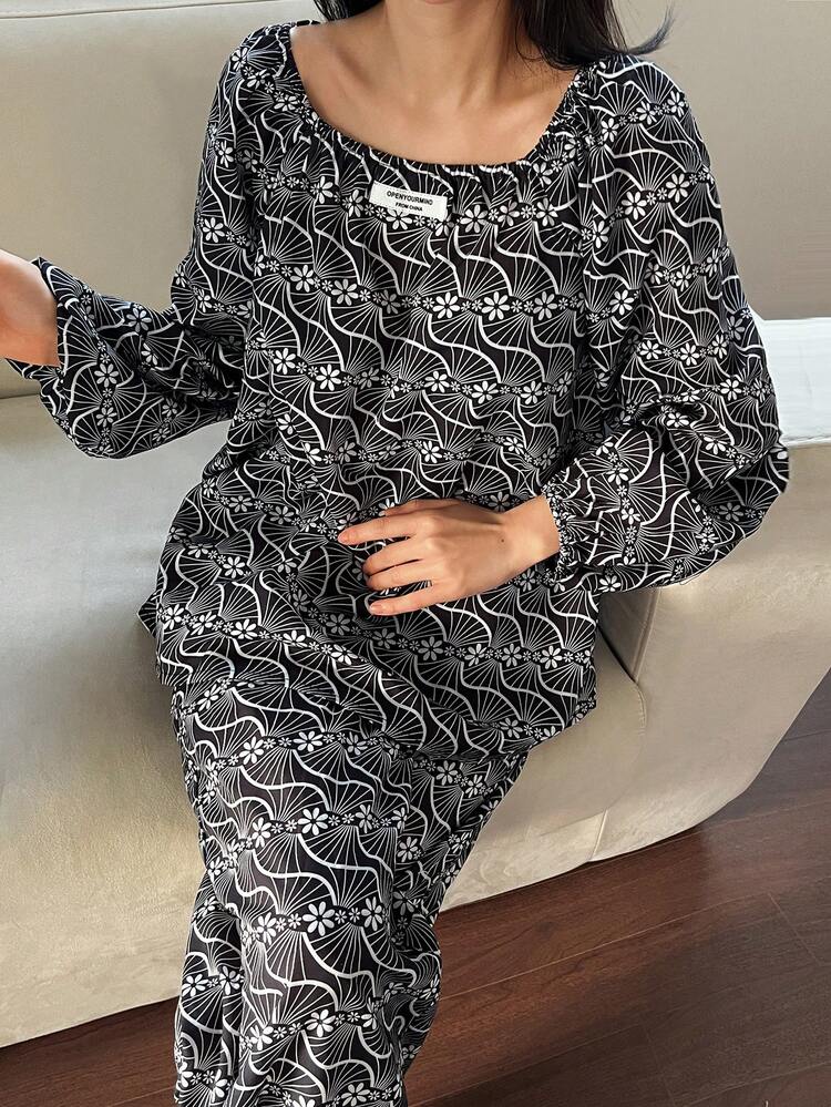 Woven Label Decorative Floral Print Loose Lantern Sleeve Women Pajama Set