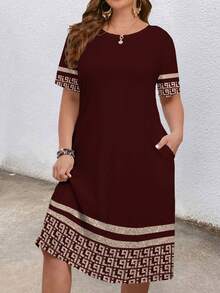 EMERY ROSE Plus Size Women Geometric Print Round Neck Short Sleeve Pocket Casual Dress Spring - Brown - View 3