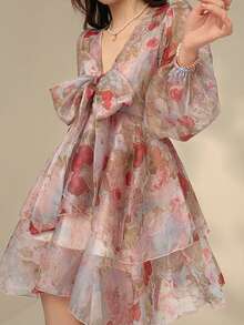 Vestido de manga larga con cuello en V con estampado floral rosa, estilo francés, vestido mini de línea A de gasa con cintura anudada, vestido de primavera estilo boho para vacaciones para mujer - Rosado Sandía - Ver 7