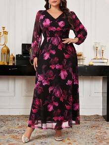 SHEIN CURVE+ Váy dạ hội dài tay cổ chữ V in hoa cỡ lớn/2026/Năm mới - Màu Đỏ Sâu - Xem 4