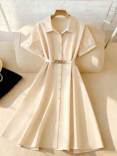 GlowEve CURVE 大码女式纯色短袖腰链装饰单排扣衬衫裙