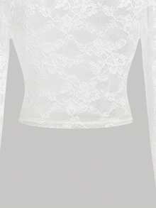 Tween Girl Elegant Lace Sheer Long Sleeve Fitted Blouse - White - View 6