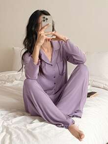 DAZY Women's Comfortable Knit Contrast Trim Crop Top And Pants Pajama Set - Mauve Purple - View 4