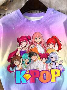 两件套少女休闲韩流女团字母星形印花渐变扎染圆领短袖T恤和短裤套装，适合度假、派对、日常穿着、演唱会、夏季等场合。 - 彩色 - 查看 6