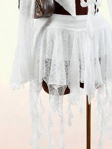 Amplova 2026新款蕾丝前开衩性感女式上衣，流苏下摆A字低腰裙，女士两件套 - 白色 - 查看 6