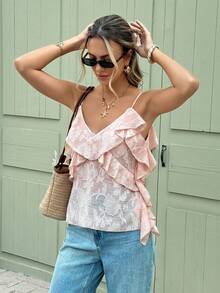 Serisse Women's Elegant Dusty Pink Summer Textured Ruffle Strap Camisole Top,French Lace V-Neck Asymmetric Top,Casual Y2K Dining Beach Party Top - Dusty Pink - View 8