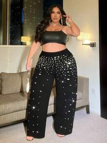 SHEIN CURVE+ 大码性感珍珠装饰休闲百搭修身裤 - 黑色 - 查看 3