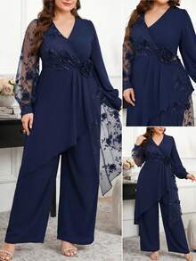 Reflora Bộ đồ dự tiệc thanh lịch dành cho nữ cỡ lớn: Áo dài tay cổ chữ V vạt không đều xếp ly phối màu tương phản + Quần ống đứng ôm sát - Màu xanh hải quân - Xem 10