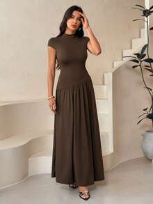 SHEIN Tall 女士纯色立领泡泡袖褶裥长款休闲连衣裙，夏季棕色连衣裙 - 棕色 - 查看 8