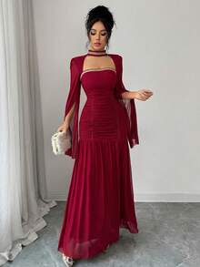 Elenzga 女士春季休闲情人节镂空袖美人鱼正式披肩袖收腰优雅晚礼服 - 紅色 - 查看 4