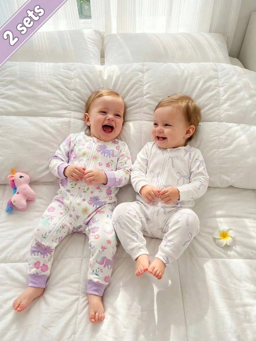Baby Girls Snug Fit  Pajamas-Zip Romper Two Pack Unicorn Floral Print Pastel Pink Purple White Round Neck Long Sleeve Footless Pajama Set Sleepwear Zip Front Cozy Gentle Breathable All Season New Year 2026 Gift - Multicolor - View 1