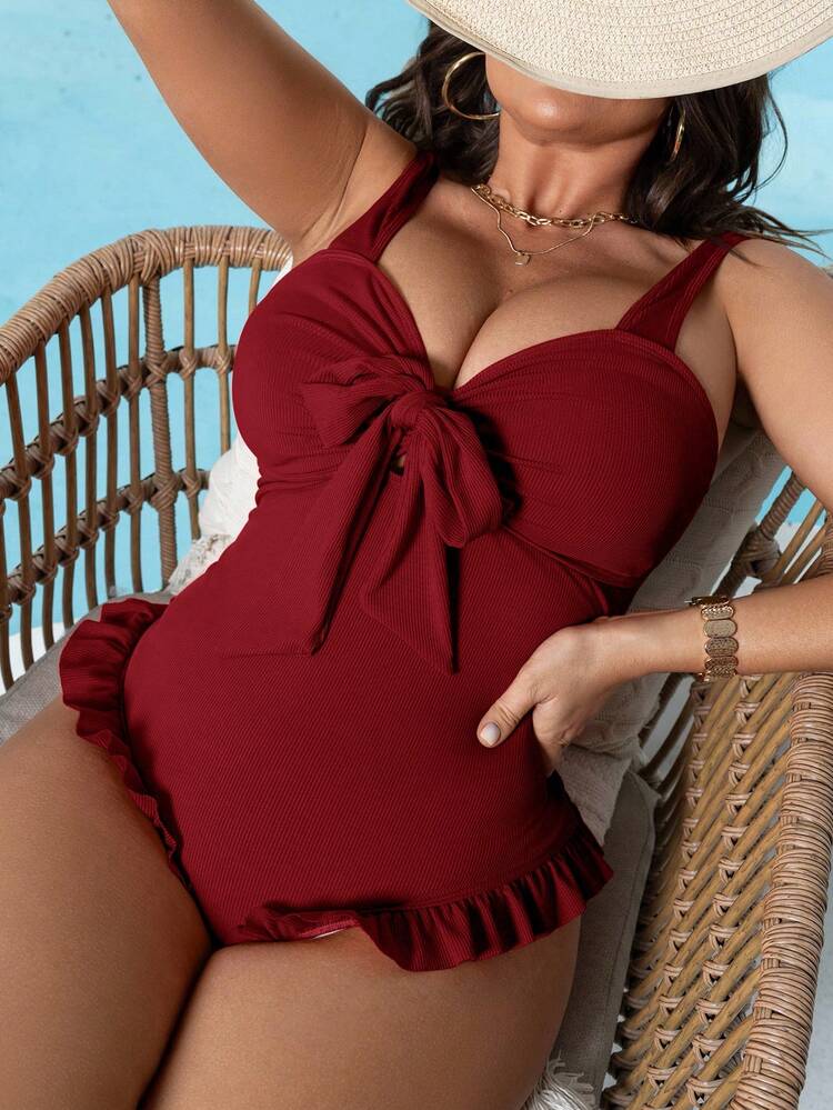 Swim Lushoire 2026 New Summer Beach Vacation Ruffled Design, Solid Striped Textured Fabric Plus Size One-Piece Swimsuit - Burgundy - View 1
