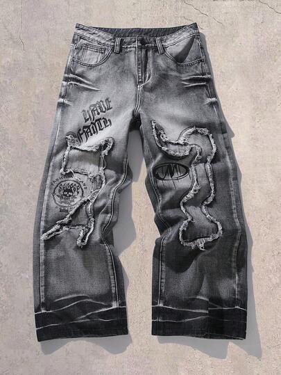 Manfinity EMRG Men's Letter Print Pocket Frayed Hem Loose Fit Casual Jeans