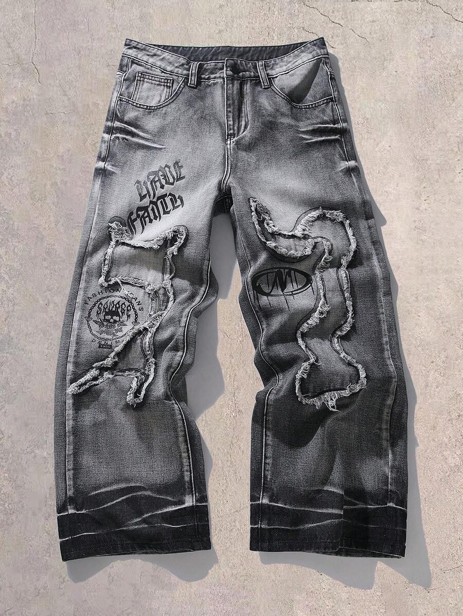 Manfinity EMRG Men's Letter Print Pocket Frayed Hem Loose Fit Casual Jeans - Grey - View 1