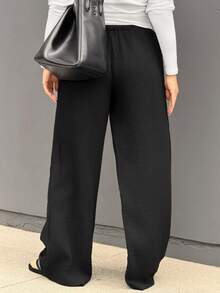 Kuleshova 女士超低腰休闲直筒棉质长裤 - 黑色 - 查看 2