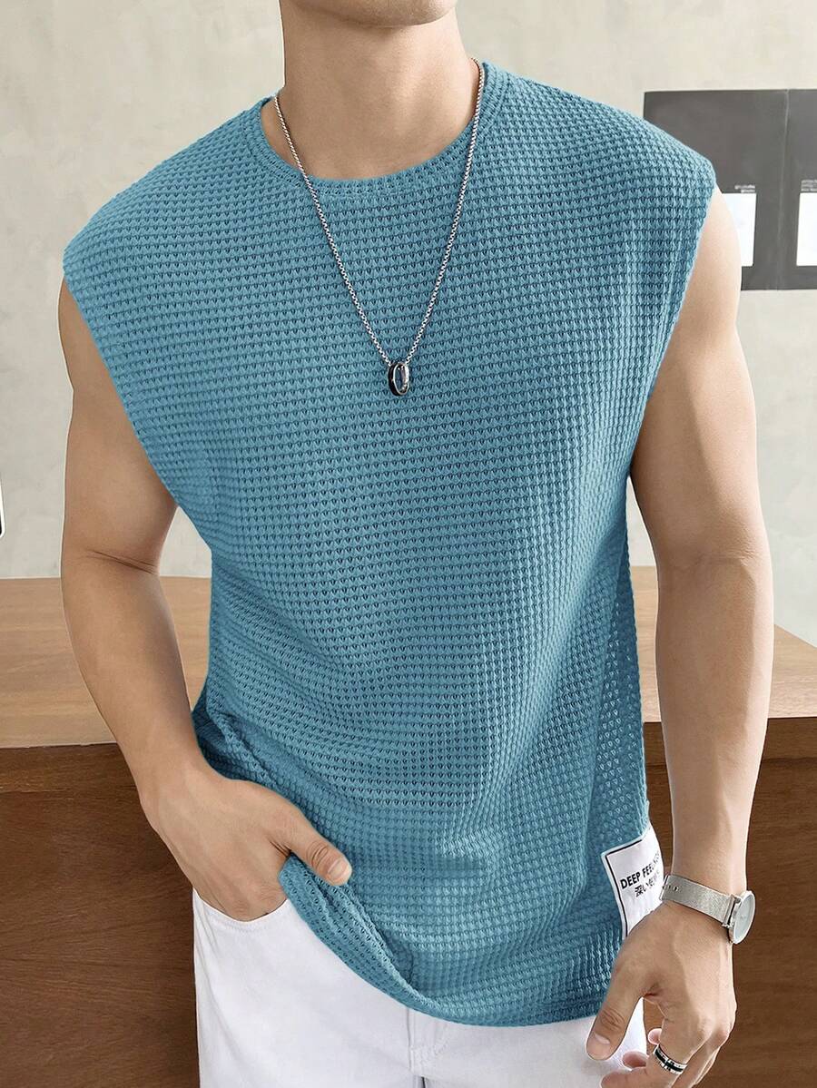 SWAVVY Men's Solid Color Crew Neck Sleeveless Waffle Knit Tank Top,Casual Breathable Mesh Loungewear Shirt,Blue Summer Top For Men - Blue - View 1