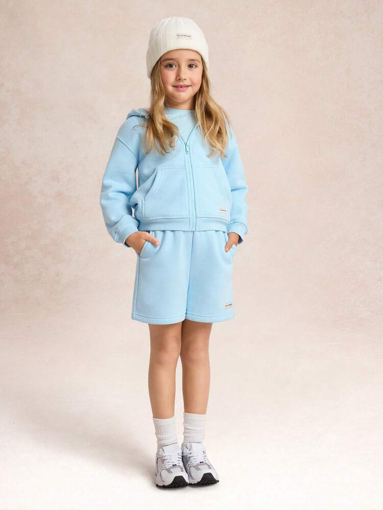 Collection pour enfants Ensemble polaire de tous les jours Enveloppez-vous Doux et chaud Coupe ample Poches latérales Veste à capuche zippée Tenue décontractée quotidienne pour l'extérieur
