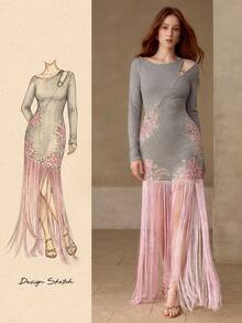 MOTF PREMIUM CUTOUT SHOULDER CONTRAST SEQUINS FLORAL EMBROIDERY MESH APPLIQUES FRINGE HEM DRESS - Pink - View 4