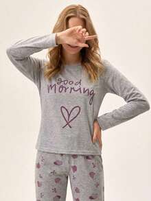 Loomlin 100% Cotton 2Pcs  Contrast Colour Heart Printed PJ Set - Grey - View 5