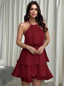 SHEIN Tall CURVE Plus Size Women Solid Color Multi-Layer Ruffle Neck Dress Curve Dresses Ruffle Dress For Women - Red - View 4