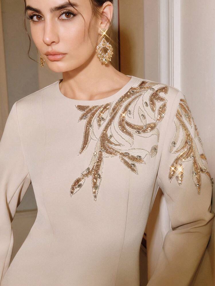 Vestido Elegante de Alta Qualidade com Aplicação de Strass Tamanho Padrão Feminino, Vestido de Festa Sofisticado de Moda, Vestido de Manga Longa para Sair, Fairycore, Vestidos de Outono para Mulheres