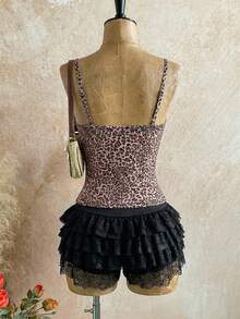 Attitoon 休闲复古朋克 Y2K 百搭派对、音乐节、哥特风、西部风豹纹蕾丝拼接蝴蝶结饰边吊带背心，适合夏季外出穿着。 - 彩色 - 查看 2