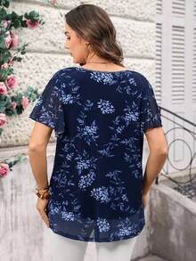 Miaspire Plus Size Women Summer Short Sleeve Floral Print Tunic Blouse, Summer Holiday,Vacation,Simple And Fashionable For Everyday Wear - Blue - View 3