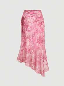 SHEIN MOD Vintage Print Asymmetrical Hem Ruched Waist Side Tie Skirt - Hot Pink - View 5