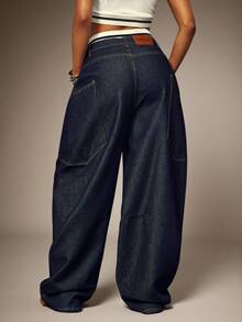 Denimoi 弹性饰边平角内裤，宽松牛仔裤，时尚街头风，90年代复古风 - 深色水洗藍 - 查看 2