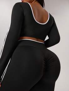 Rhythm Era Plus Size Contrast Trim Round Neck Long Sleeve Top And Pants Sports Suit - Black - View 4
