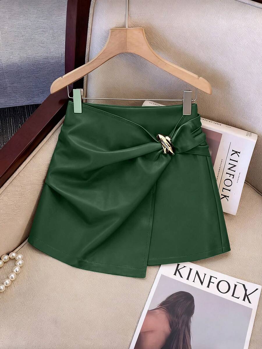 Franclia 女士时尚优雅派对百搭不对称金属扣装饰皮裙 - 墨綠色 - 查看 1