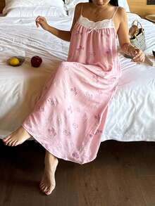 DAZY 女士花卉印花拼接饰边吊带睡裙 - 粉色 - 查看 5