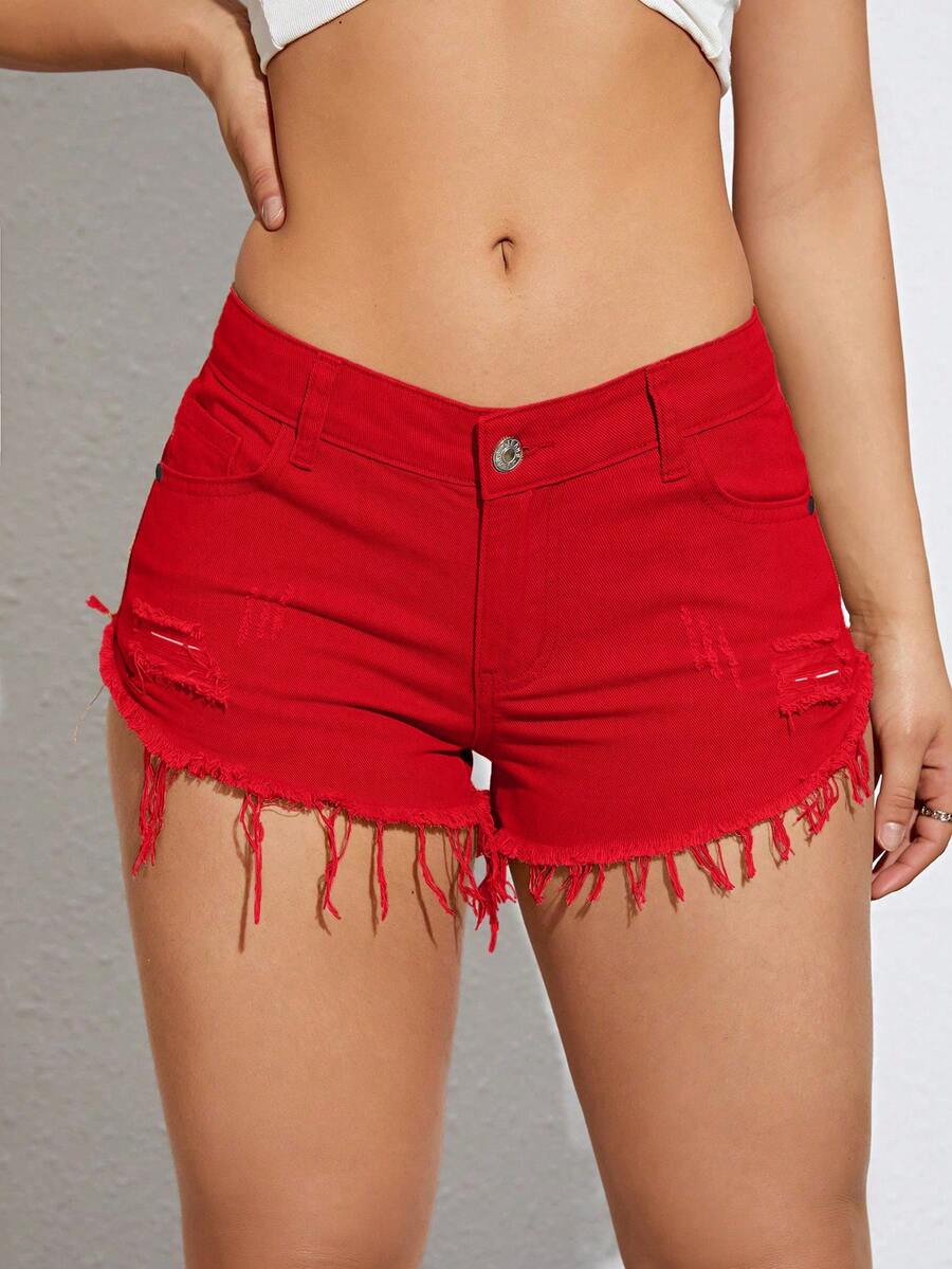 SHEIN ICON Quần short denim nữ màu trơn, kiểu dáng thường ngày. - Đỏ - Xem 1