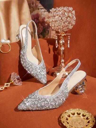 CUCCOO TILAWA 2025 Silver Rhinestone Pointed Toe High Heel Shoes, Ankle Strap Thin Heels Sandals, Versatile For Daily, Commute, Shopping