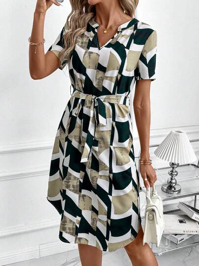 SHEIN Clasi Vestido de mujer con estampado geométrico, versátil para ir al trabajo, salidas casuales y fiestas, primavera/verano