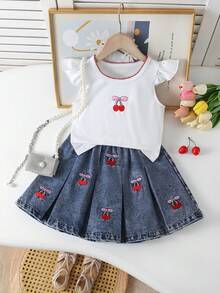 2pcs Girls Toddler Vest Set,Summer Back-To-School White Vest With Cherry Blossom Embroidery&Flutter Sleeves,Mid-Blue Denim Skirt,Soft Cute School Wear - Blue and White - View 1