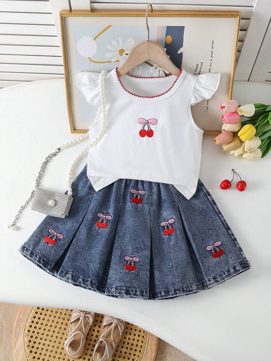 2pcs Girls Toddler Vest Set,Summer Back-To-School White Vest With Cherry Blossom Embroidery&Flutter Sleeves,Mid-Blue Denim Skirt,Soft Cute School Wear - Blue and White - View 1