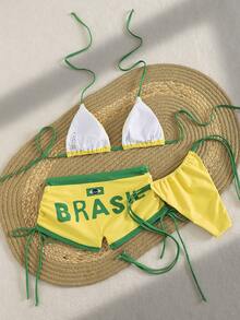 Bonvoyette Spring/Summer Vacation Sexy Fashion Brazilian Placement Letter Drawstring Tie 3 PiecesBikini Set - Multicolor - View 2