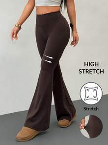 SHEIN PETITE Women's High Waist Elastic Yoga Pants, Slimming Fitness Leggings Flared Leggings Brown Pants For Women Bell Bottom Pants Pants Flare Leg Flared Brown Pants,Spring Summer Outfits Dark Brown Flared Pants Womens Flared Trousers