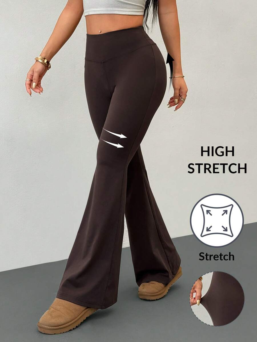 SHEIN PETITE Women's High Waist Elastic Yoga Pants, Slimming Fitness Leggings Flared Leggings Brown Pants For Women Bell Bottom Pants Pants Flare Leg Flared Brown Pants,Spring Summer Outfits Dark Brown Flared Pants Womens Flared Trousers