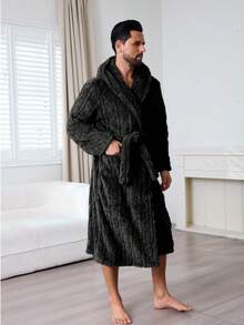 Multi-Color Plush Cable Jacquard Hooded Bathrobe - Men's Couples Style For Autumn/Winter Elegant & Fashionable Home Leisure Wear - Black - View 3