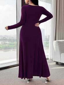 Modelyn 女士纯色船领金属装饰褶皱优雅中长连衣裙 - 紫色 - 查看 3
