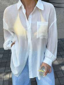 GalTyme 大码女式纯色落肩长袖单排扣休闲衬衫 - 白色 - 查看 3