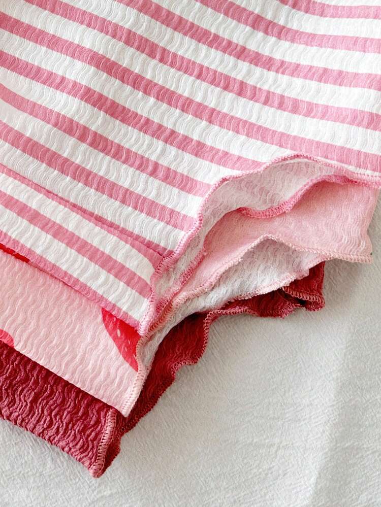 SHEIN Vintaside Kids 3pcs Baby Girls' Comfortable, Versatile, Simple Solid Color Knit Camisole Romper Set, Spring/Summer - Pink - View 5