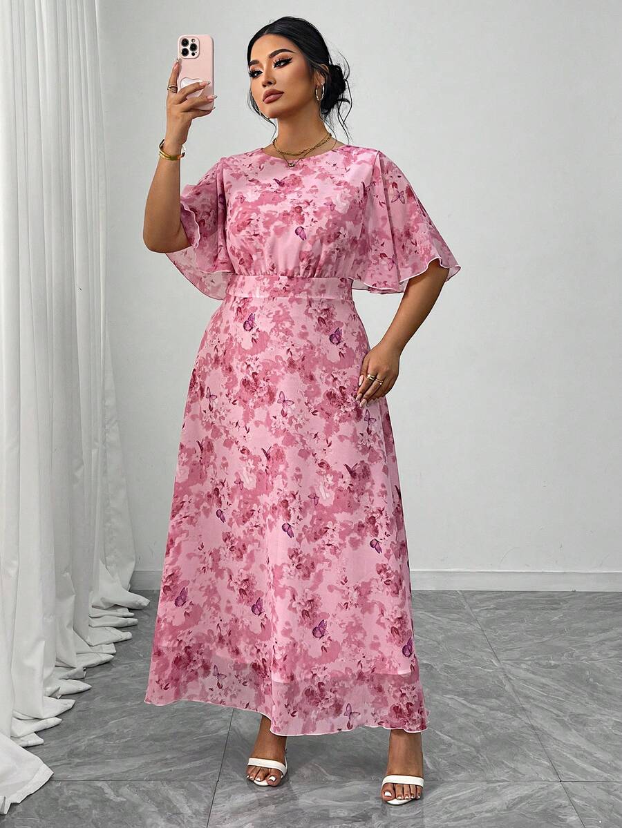 Modelyn Vestido de mujer talla grande con diseño elegante y romántico, estampado floral de gasa, cuello redondo, mangas tipo murciélago y diseño de cintura - Rosa - Ver 1