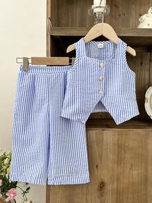LMoss Kids Baby Girl Casual Striped Camisole And Pants Set, Summer - Blue and White - View 3