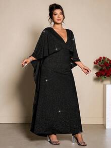 Allurite Plus Size Women's Elegant V-Neck Shawl Collar Velvet Mermaid Formal Dress - Black - View 3