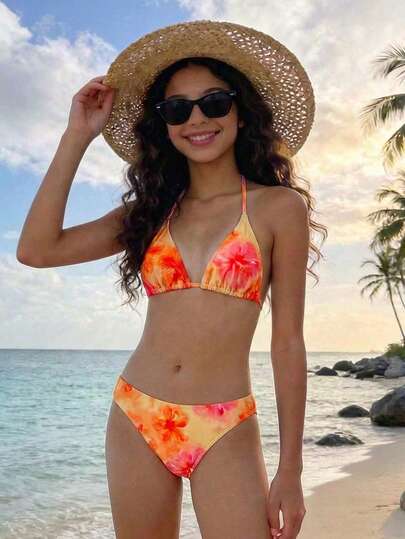 SHEIN Colorful Orange Print Casual Everyday Vacation Bikini Top For Teen Girls
