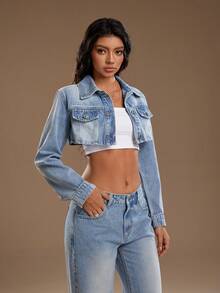 TRNVIE Women's Pocket Cropped Front Button Casual Long Sleeve Denim Jacket - Blue - View 4